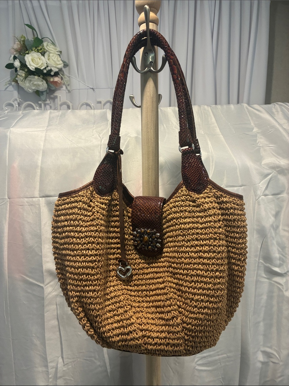 Brighton Tan Woven Shoulder Bag with Brown Leather Trim